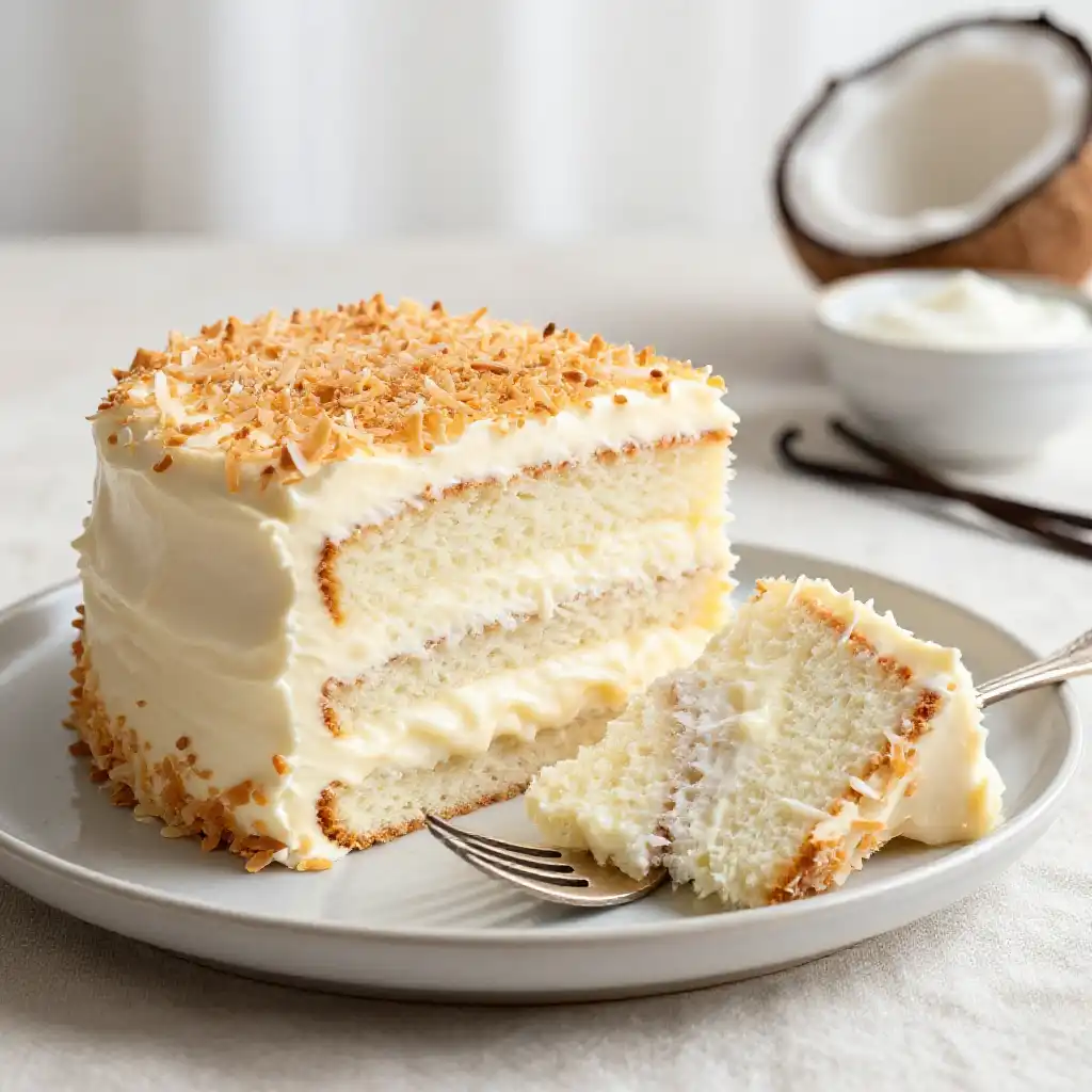 Coconut Cream and Vanilla Bean Cake plated dish