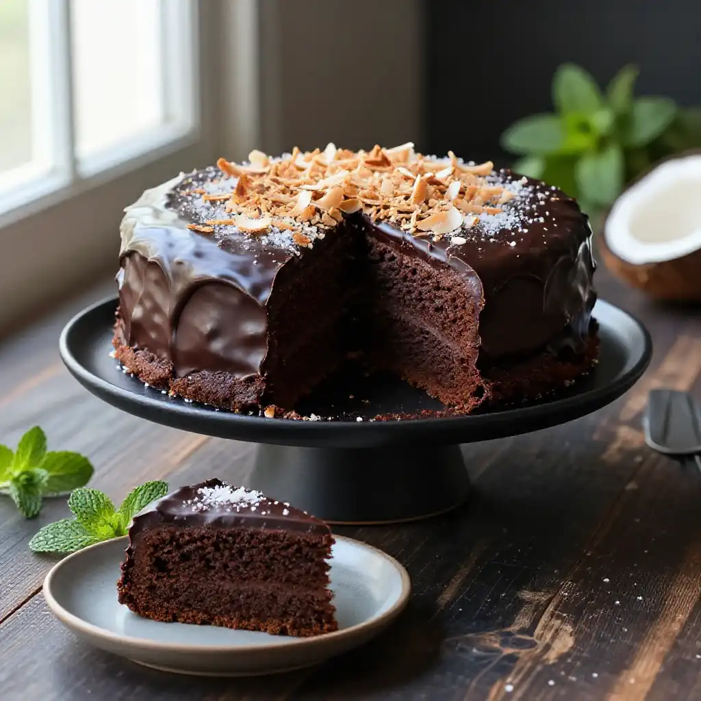 Moist Coconut Milk and Dark Chocolate Cake plated dish