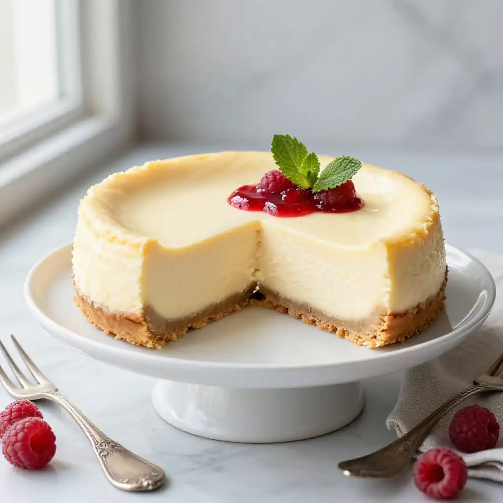 Creamy Neufchatel French Cheesecake plated dish