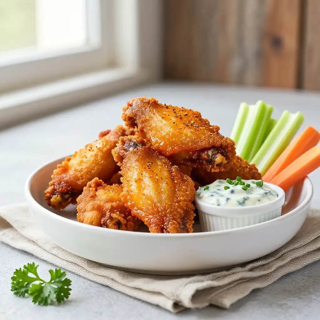 Crispy Air Fryer Chicken Wings with Buffalo Seasoning plated dish