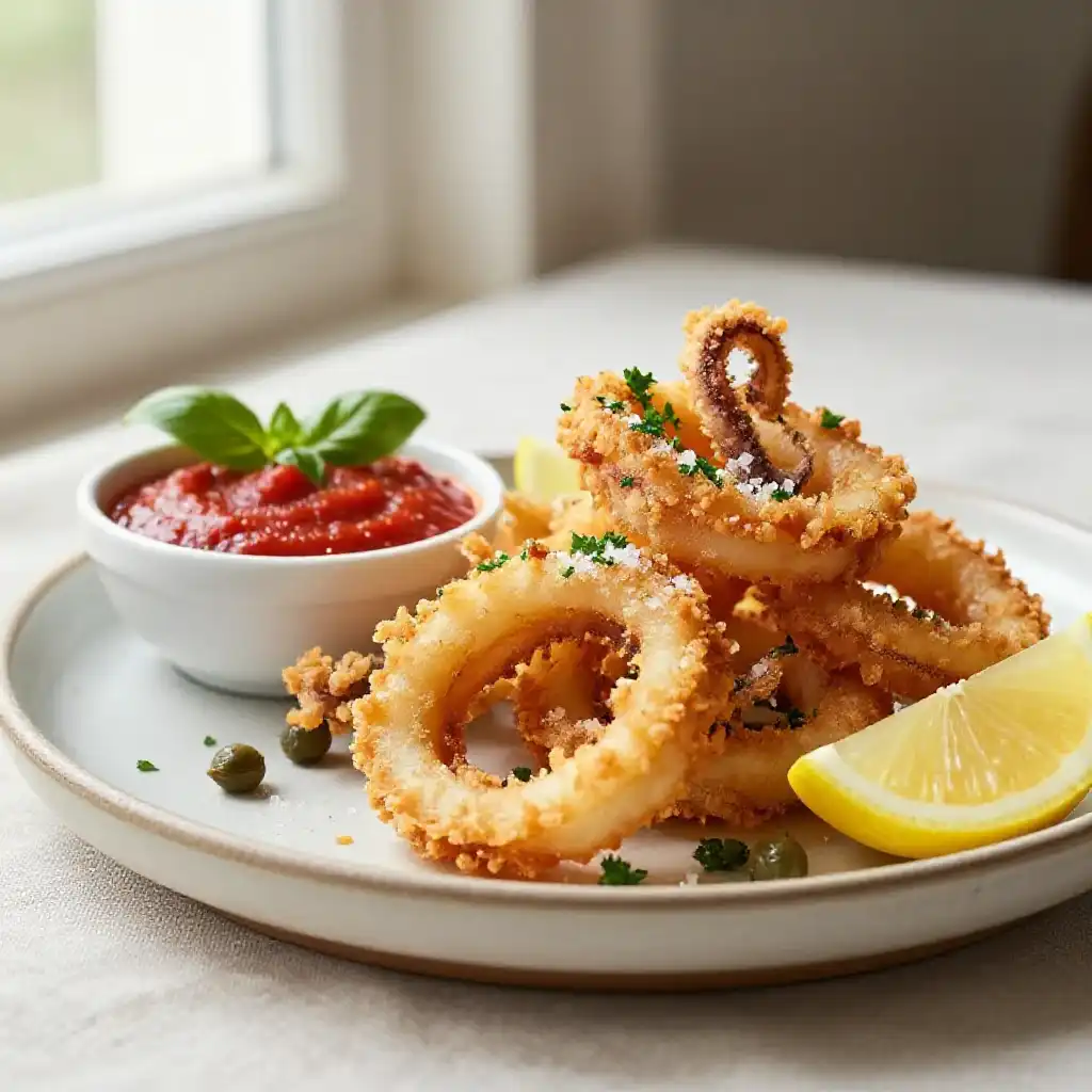 Crispy Calamari Rings with Marinara Sauce plated dish