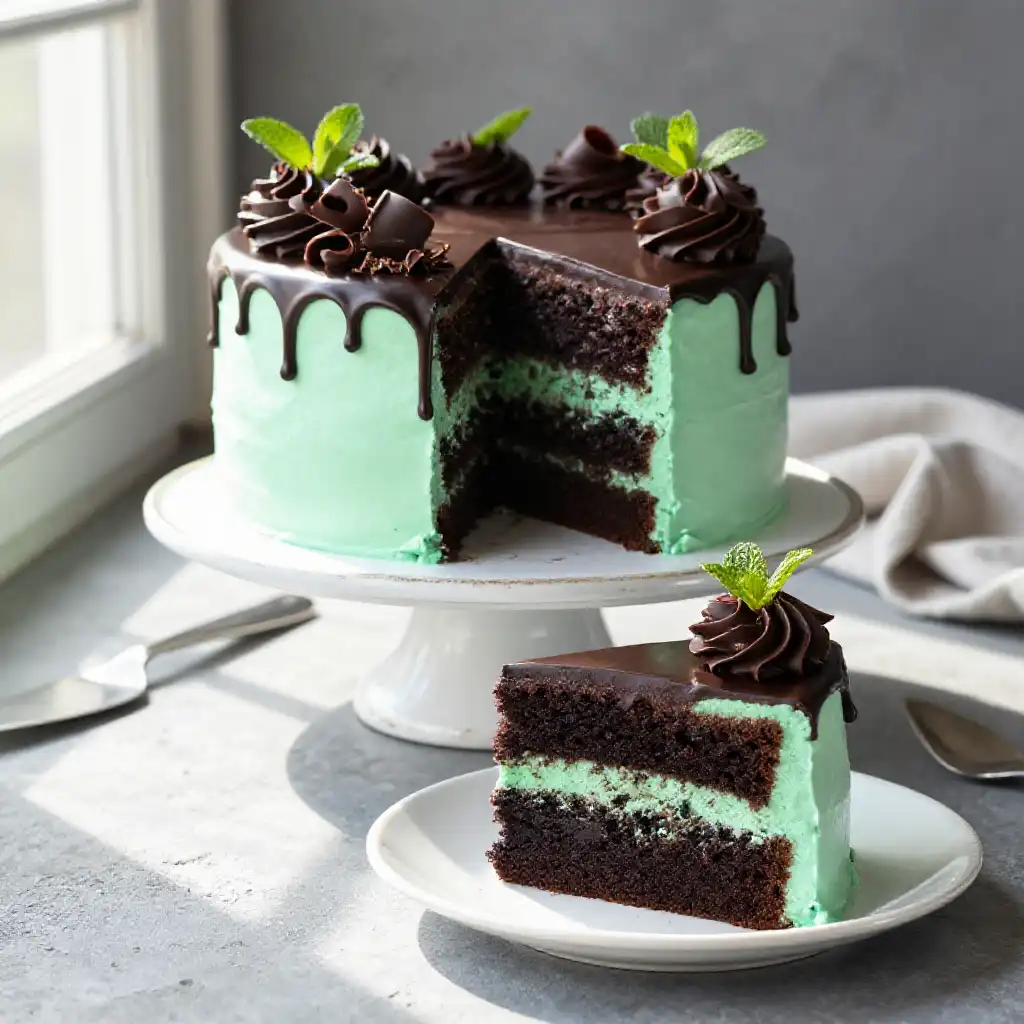 Dark Chocolate and Mint Layer Cake plated dish