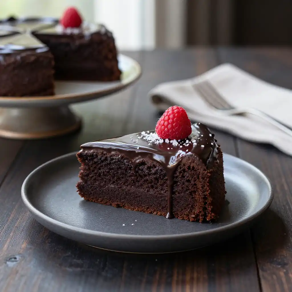 Dark Chocolate Mud Cake With Silky Ganache plated dish