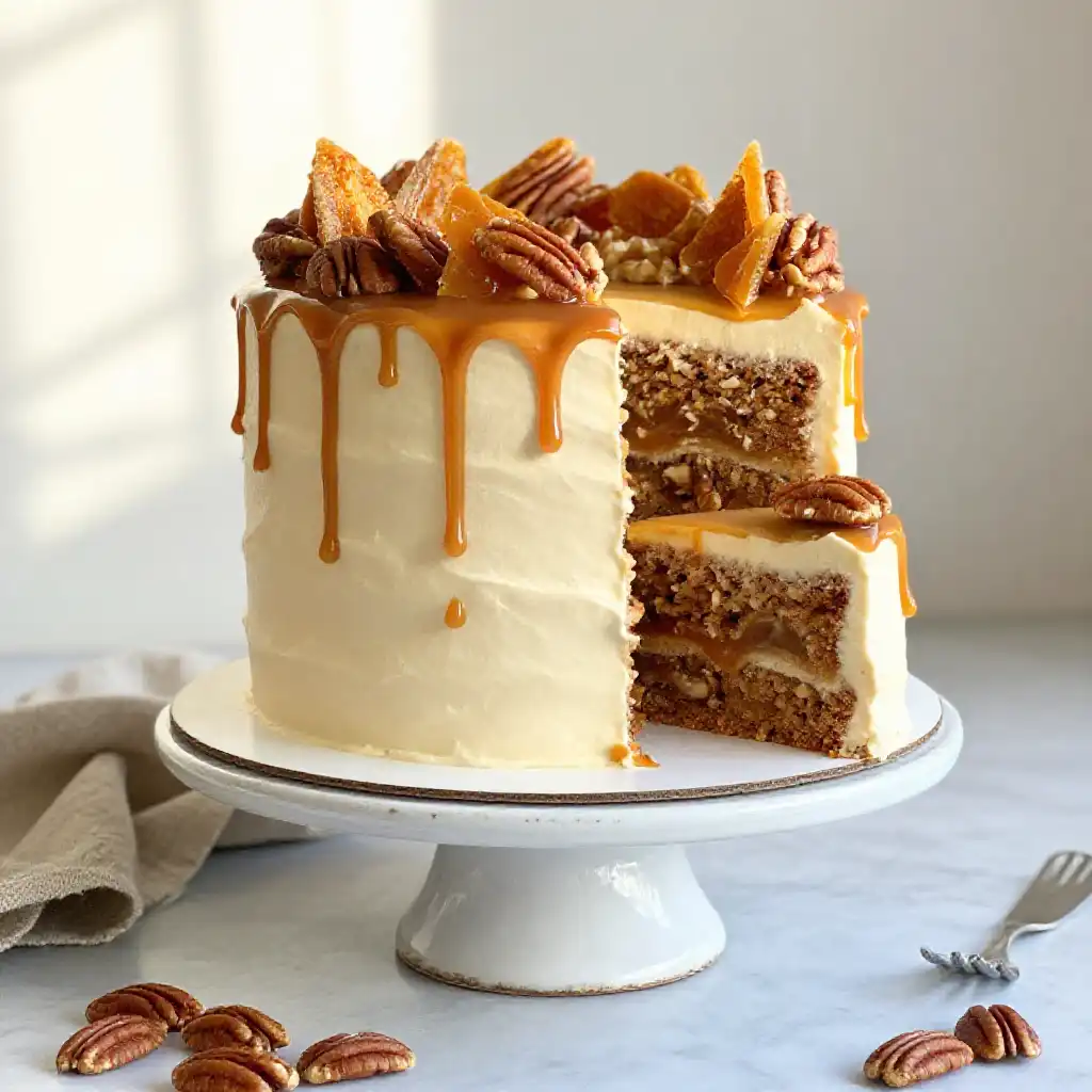 Decadent Caramel And Pecan Milestone Cake plated dish