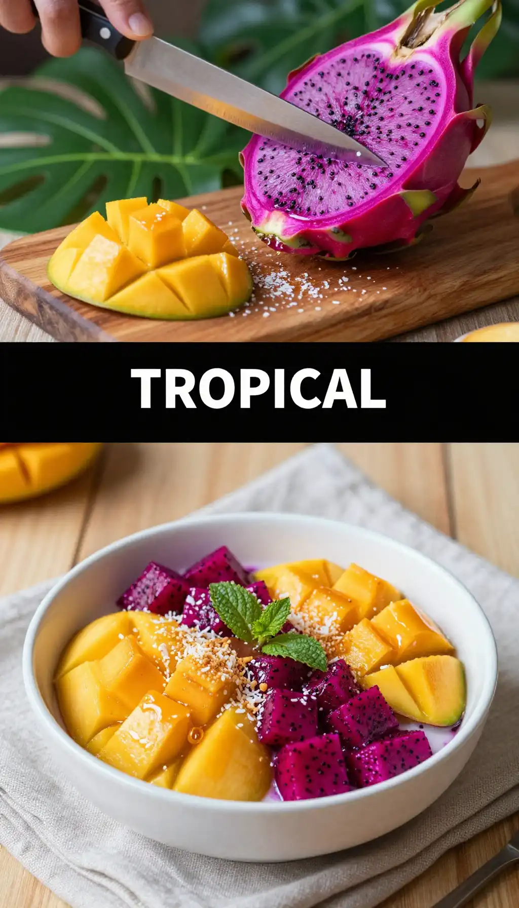 Tropical Dragon Fruit Pitaya Bowl with Coconut and Mango pinterest pin