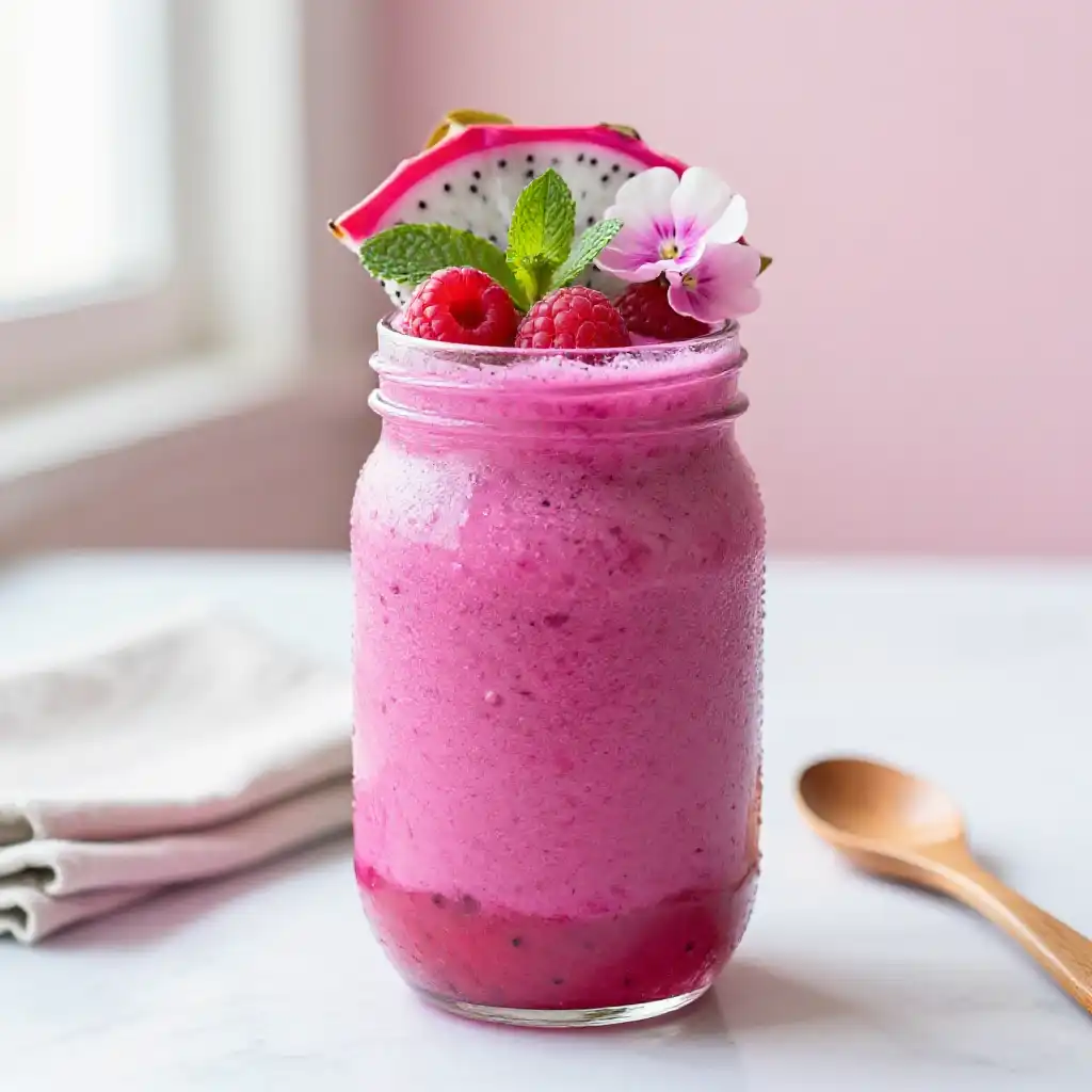 Dragon Fruit Raspberry Smoothie for Pink Glow plated dish
