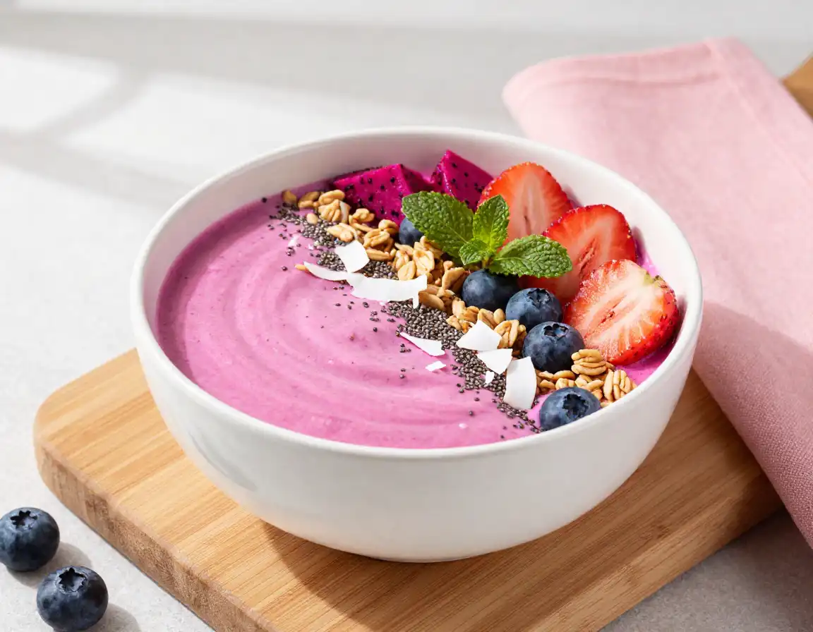 Dragon Fruit Smoothie Bowl for Pink Breakfast plated dish