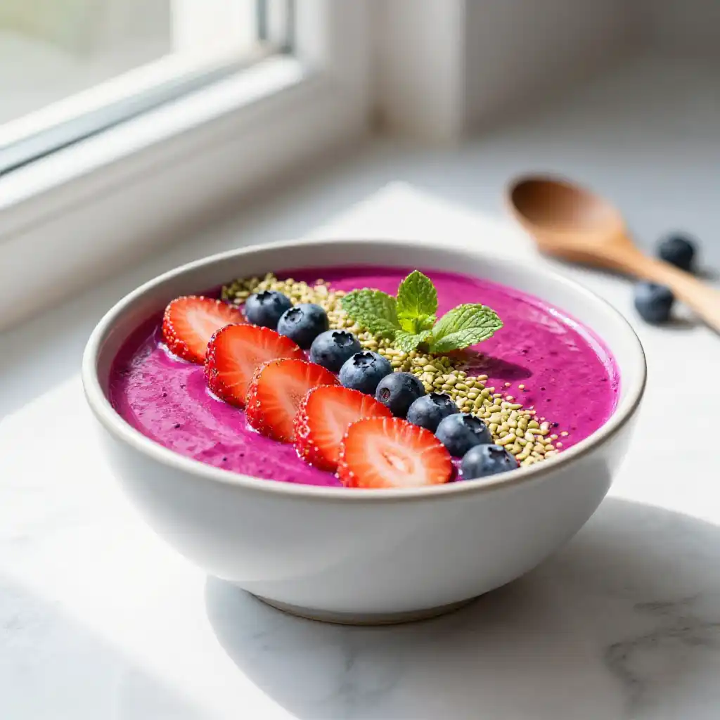 Vibrant Dragon Fruit Strawberry Smoothie Bowl plated dish