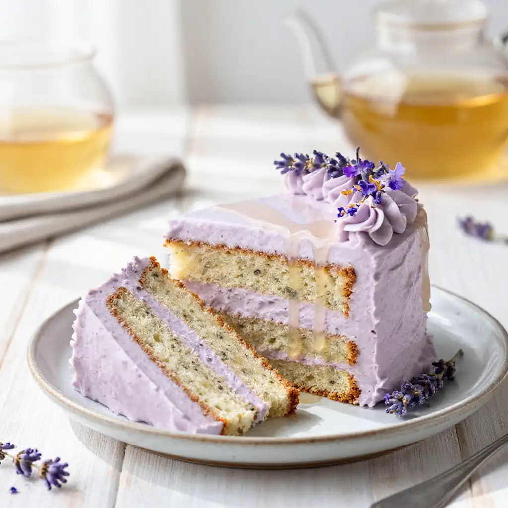 Earl Grey and Lavender Milk Tea Cake plated dish
