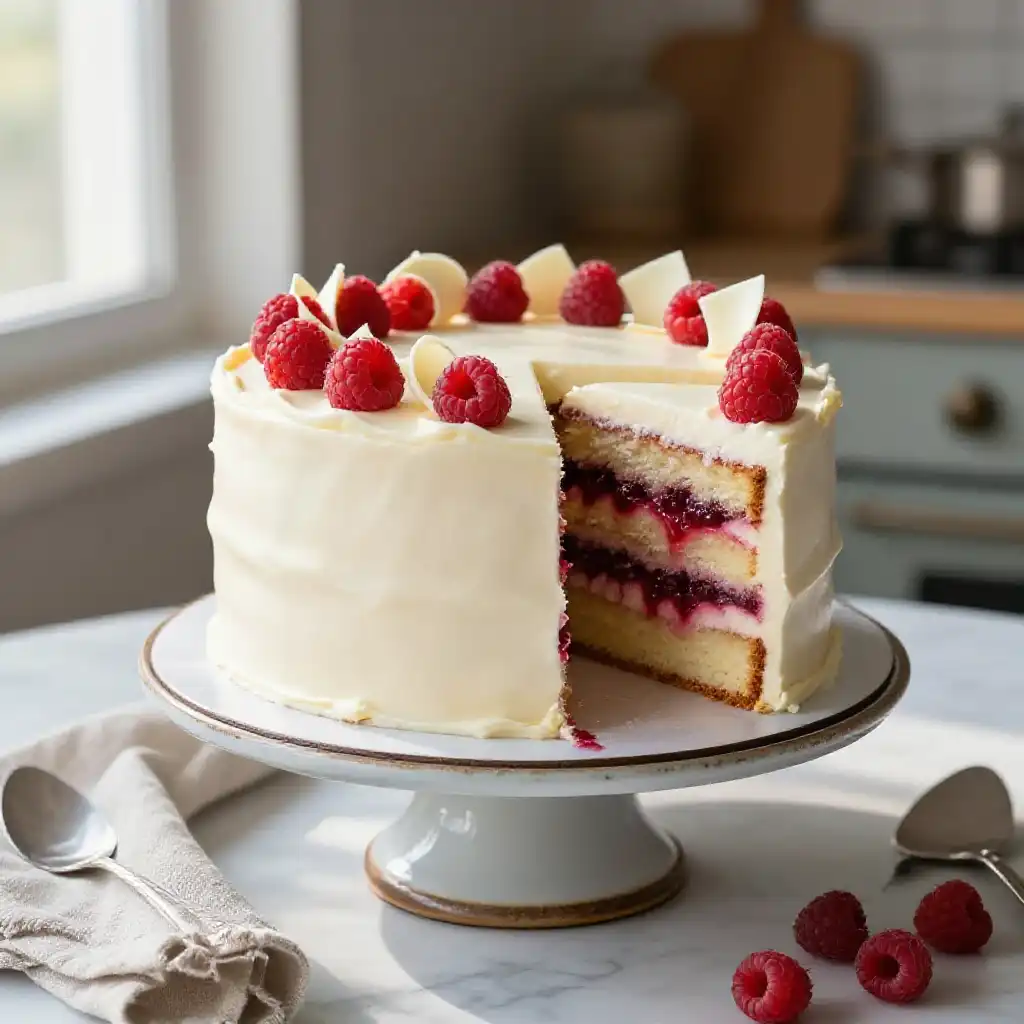 Elegant White Chocolate And Raspberry Cake plated dish