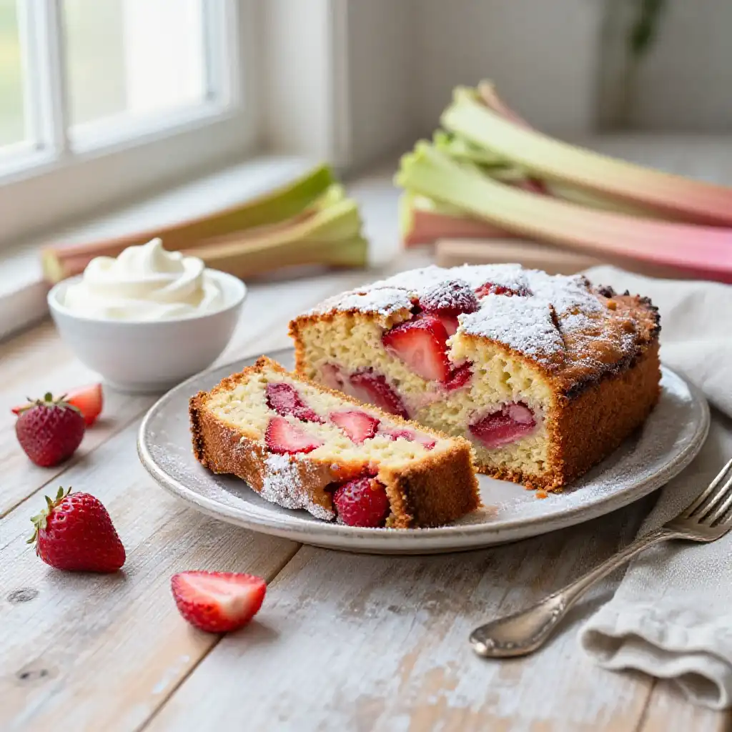 Farmhouse Rhubarb And Strawberry Cake plated dish