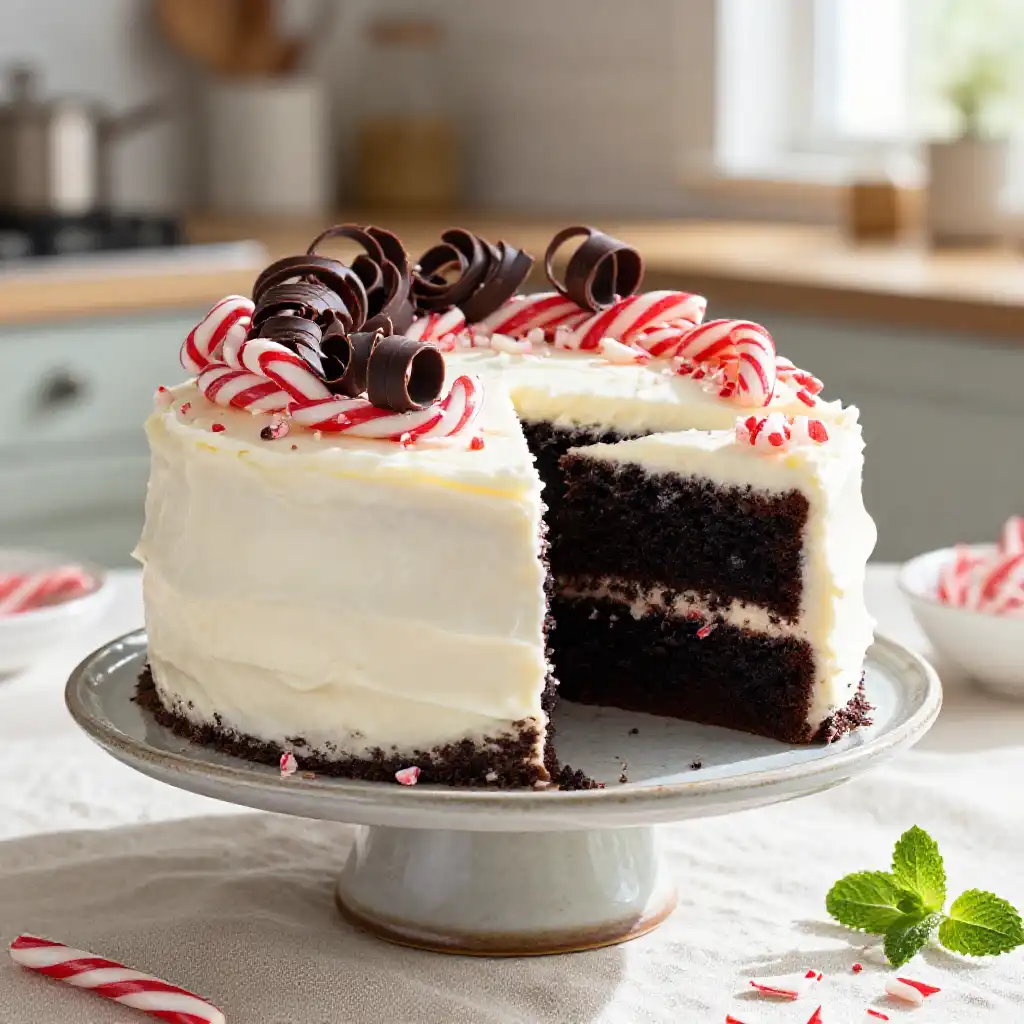 Festive Peppermint and Dark Chocolate Cake plated dish