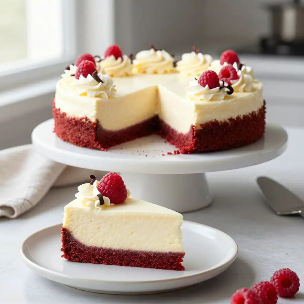 Festive Red Velvet Cheesecake plated dish