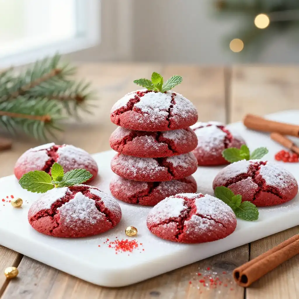 Festive Red Velvet Crinkle Cookies plated dish