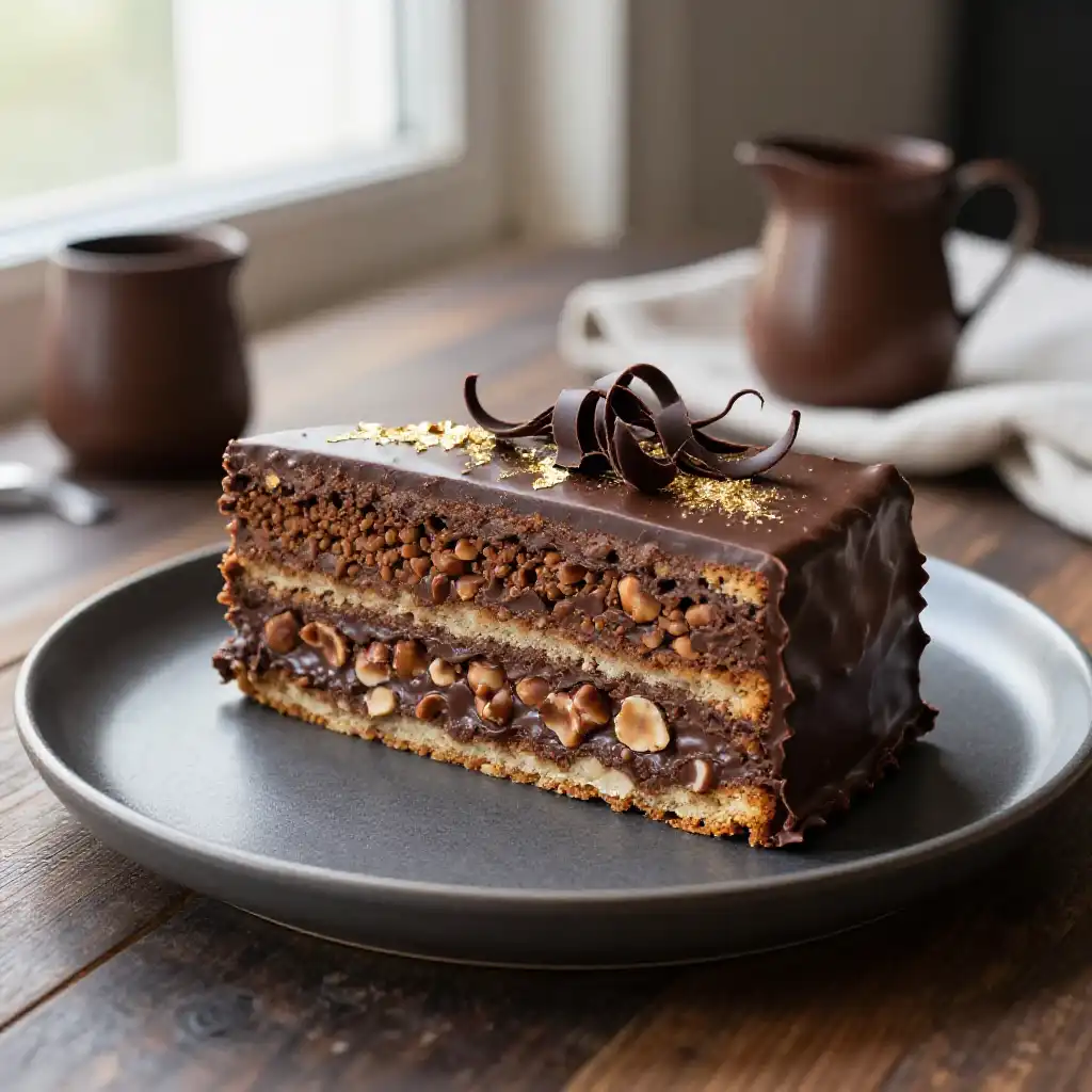 Feuilletine And Dark Chocolate Cake plated dish