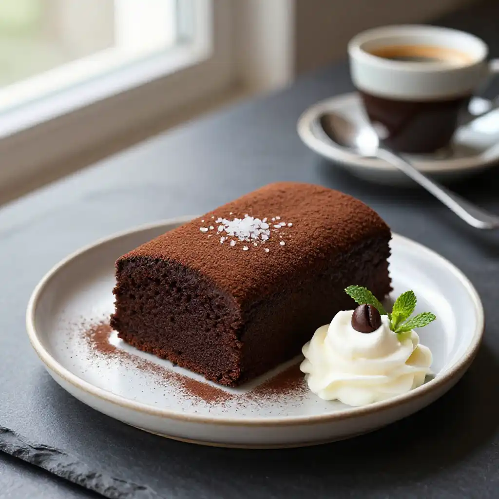 Flourless Dark Chocolate Espresso Cake plated dish