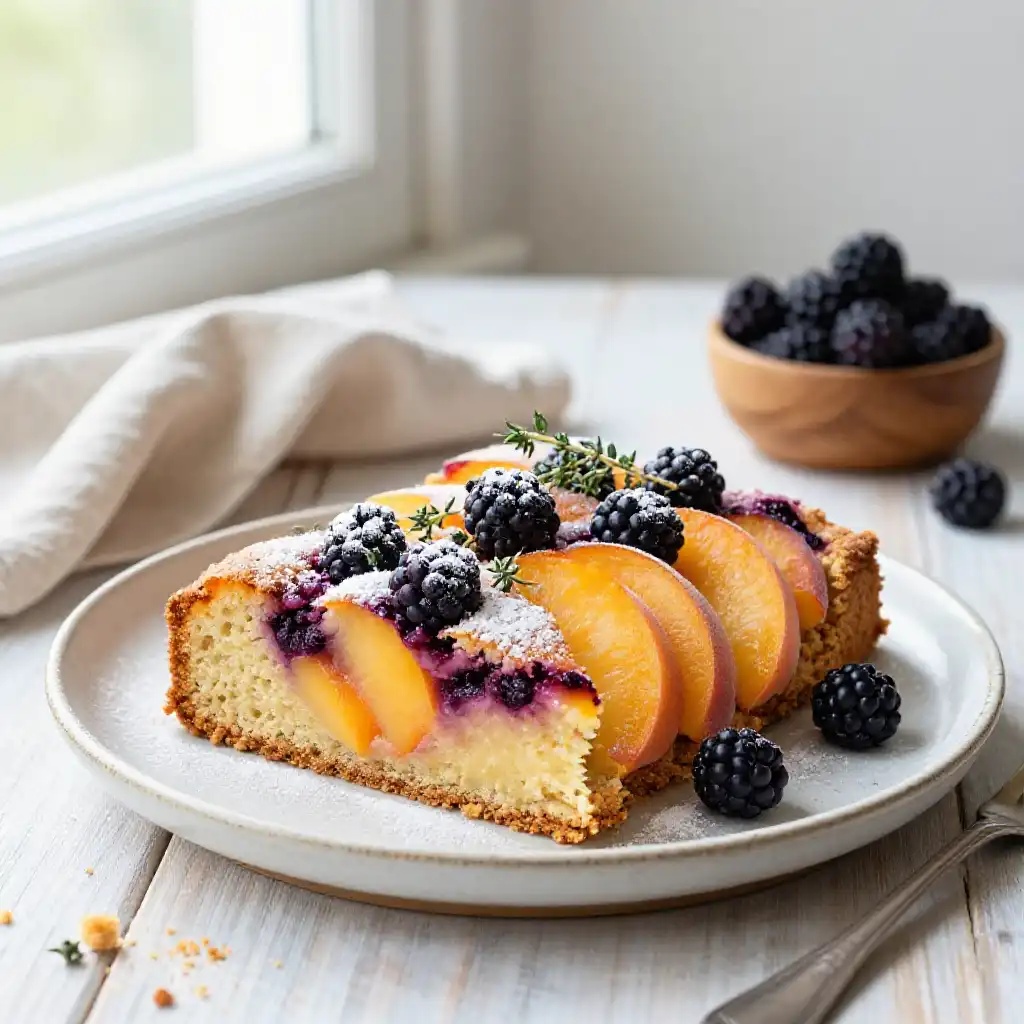 Fresh Peach and Blackberry Thyme Cake plated dish
