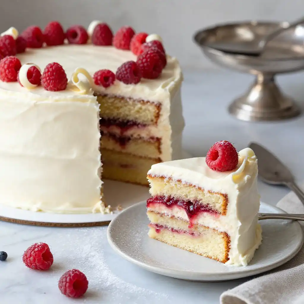 Fresh Raspberry and White Chocolate Cake plated dish