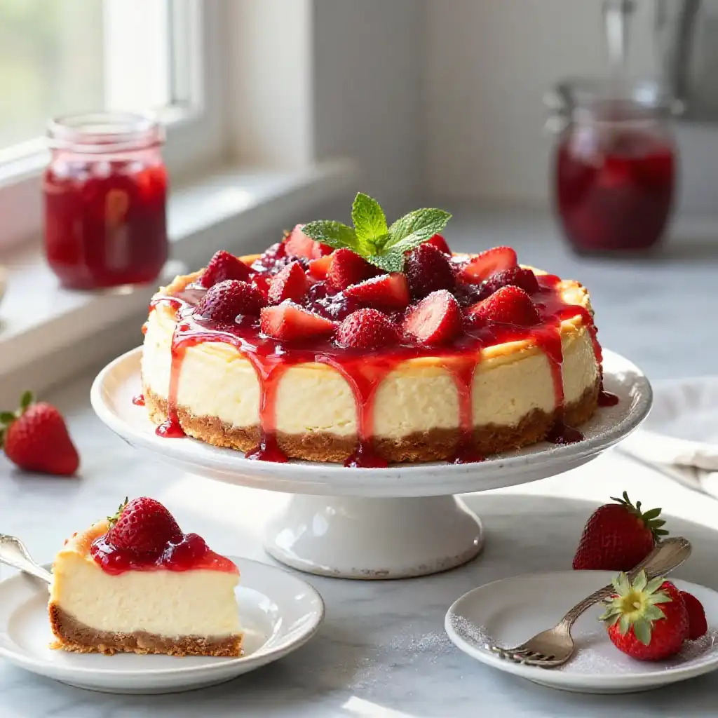 Fresh Strawberry Compote Cheesecake plated dish