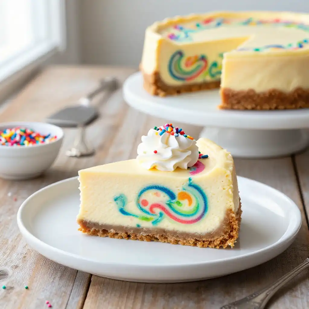 Funfetti Swirl Birthday Cheesecake plated dish