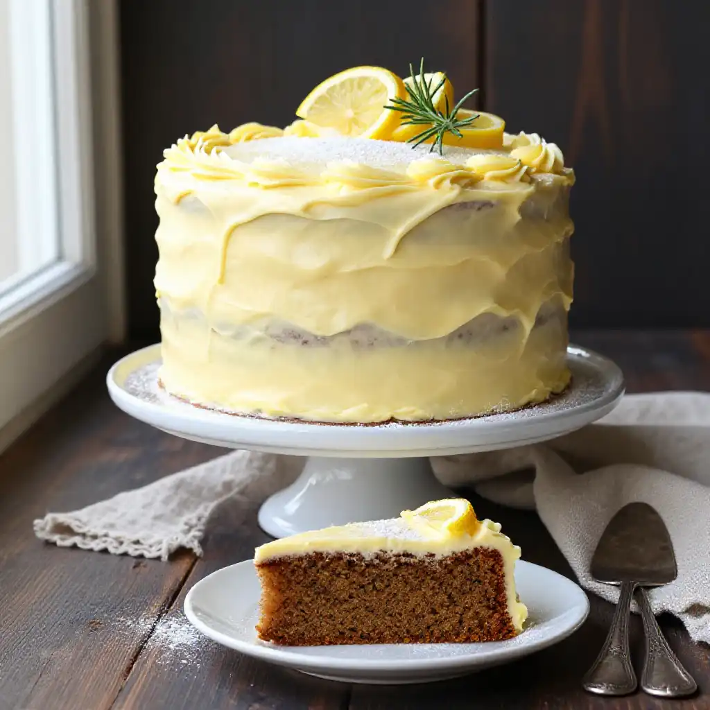 Gingerbread Layer Cake With Lemon Buttercream plated dish