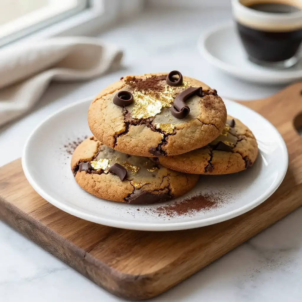 Gold Leaf And Dark Chocolate Cookies plated dish