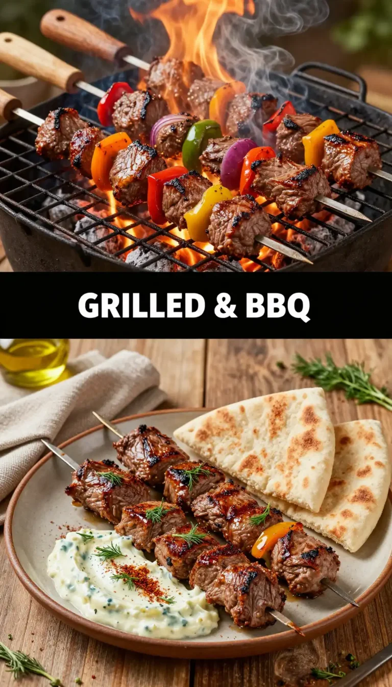 Grilled Beef Kebabs with Tzatziki and Pita