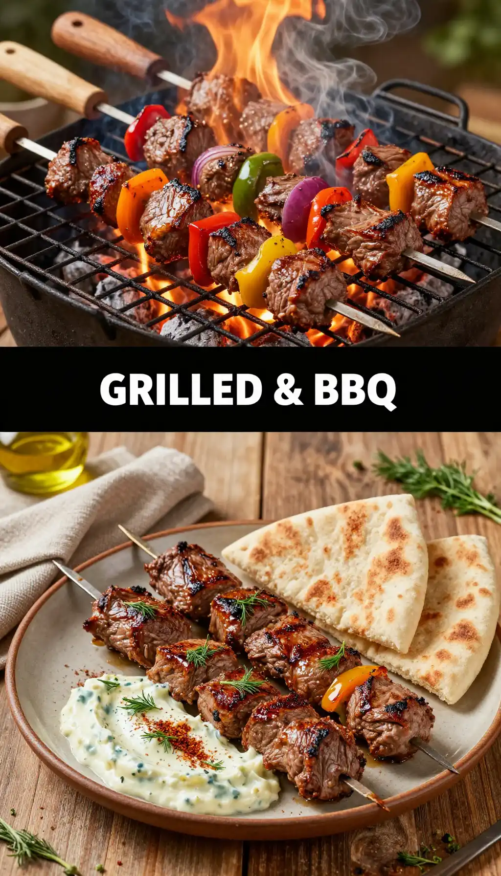 Grilled Beef Kebabs with Tzatziki and Pita