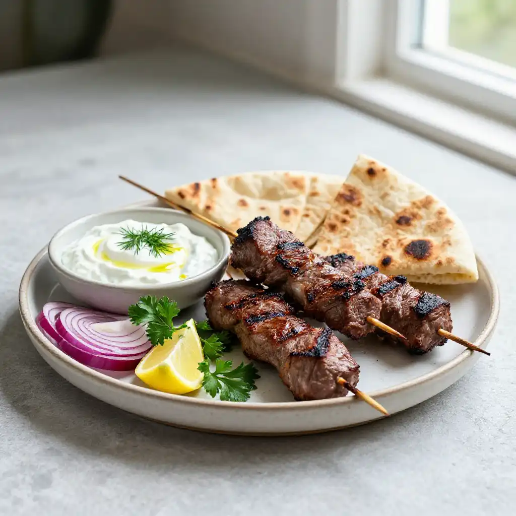 Grilled Beef Kebabs with Tzatziki and Pita plated dish