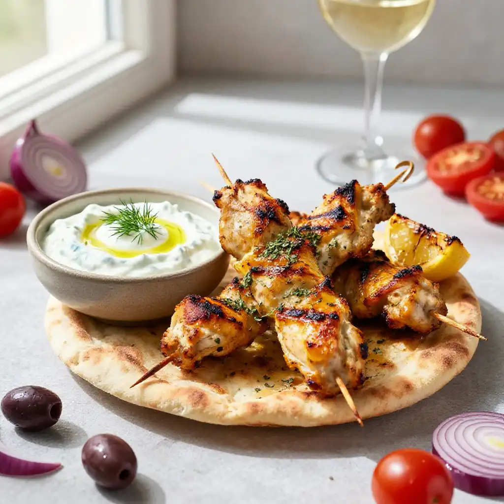 Grilled Chicken Souvlaki with Homemade Tzatziki Sauce plated dish