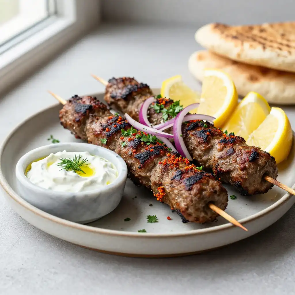 Grilled Lamb Kofta Kebabs with Tzatziki Dip plated dish