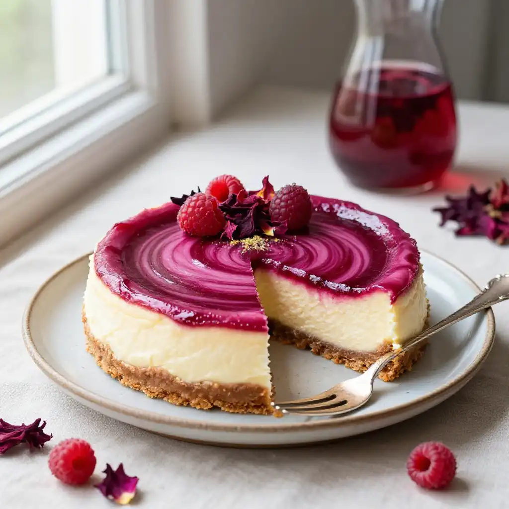 Hibiscus and Berry Swirl Cheesecake plated dish