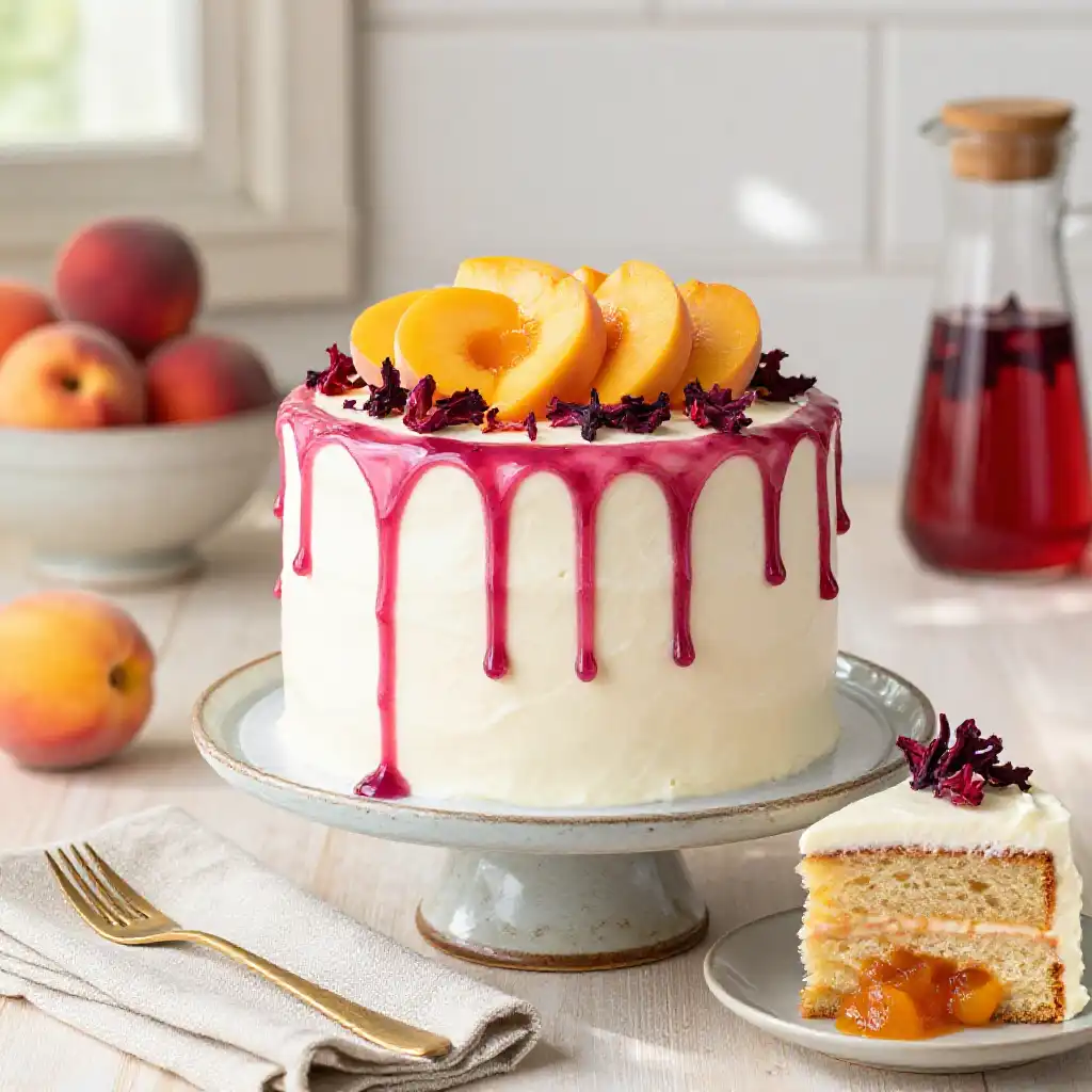 Hibiscus and White Peach Cake plated dish
