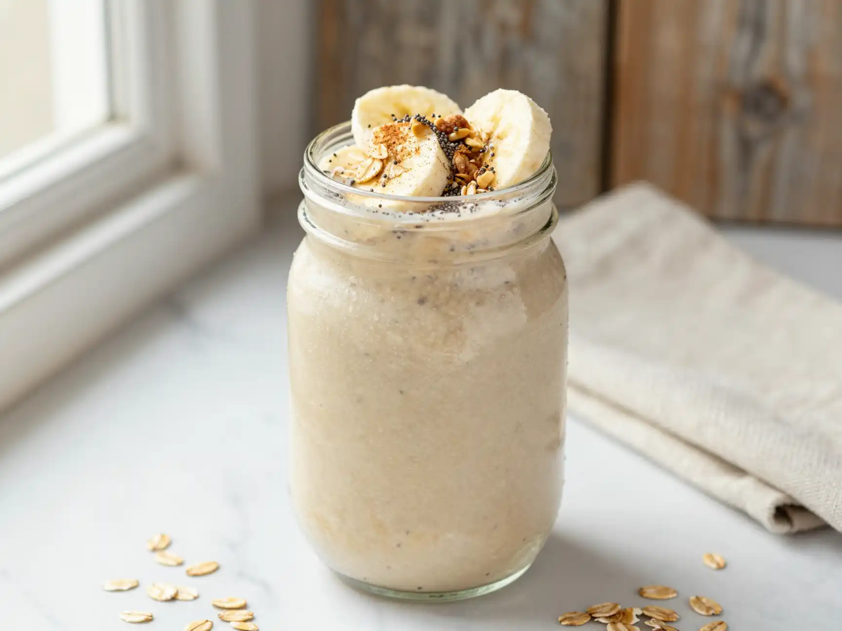 High-Protein Vanilla Oatmeal Smoothie for Gains plated dish
