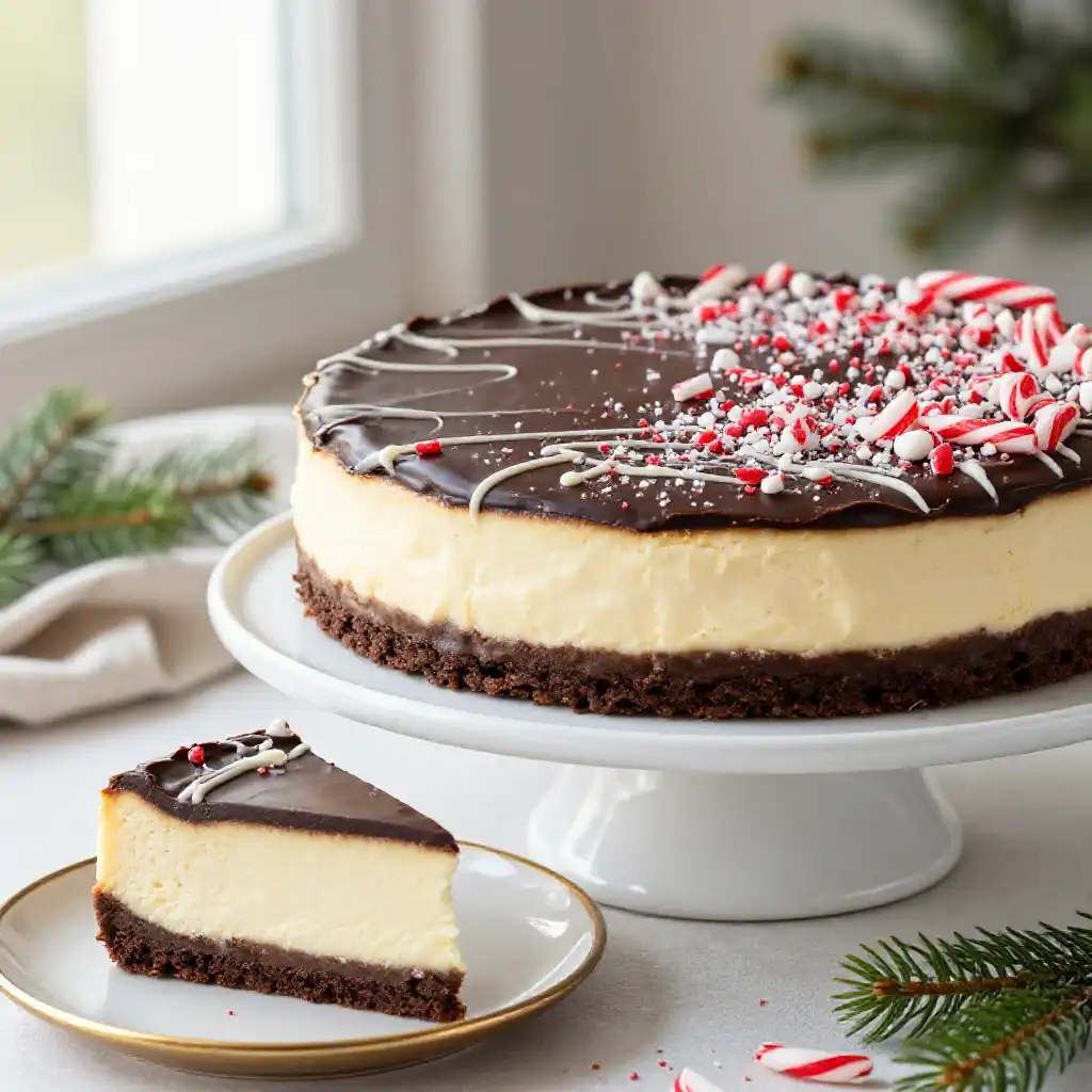 Holiday Peppermint Bark Cheesecake plated dish