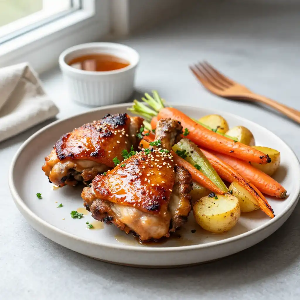 Honey Garlic Glazed Chicken Thighs with Roasted Vegetables plated dish