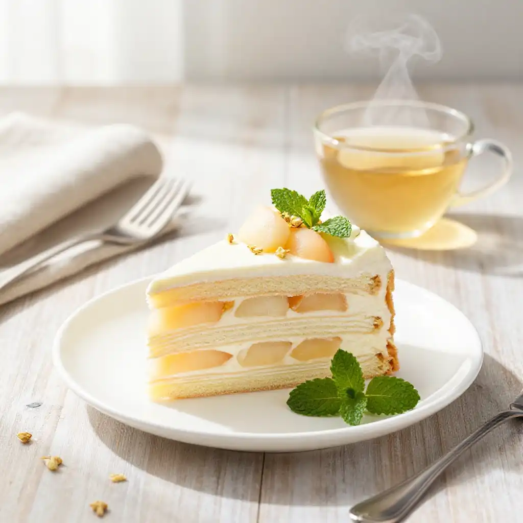 Jasmine Tea and White Peach Sponge Cake plated dish