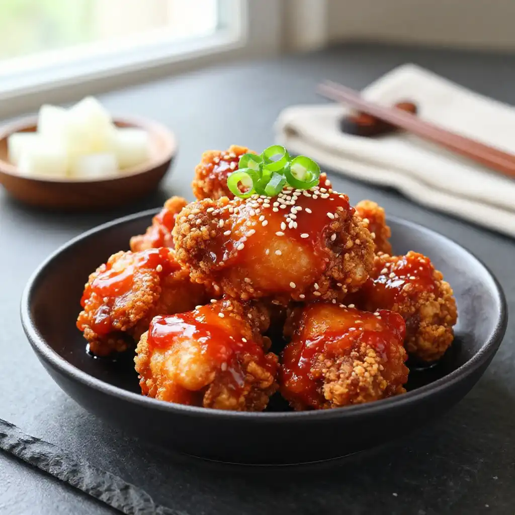 Korean Fried Chicken with Gochujang Glaze plated dish