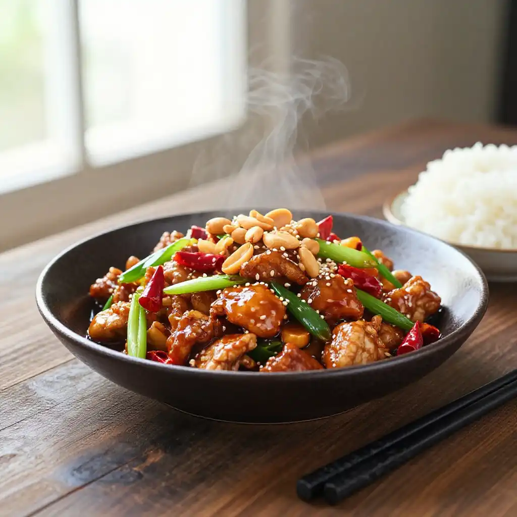Kung Pao Chicken Stir-Fry with Peanuts and Chilies plated dish