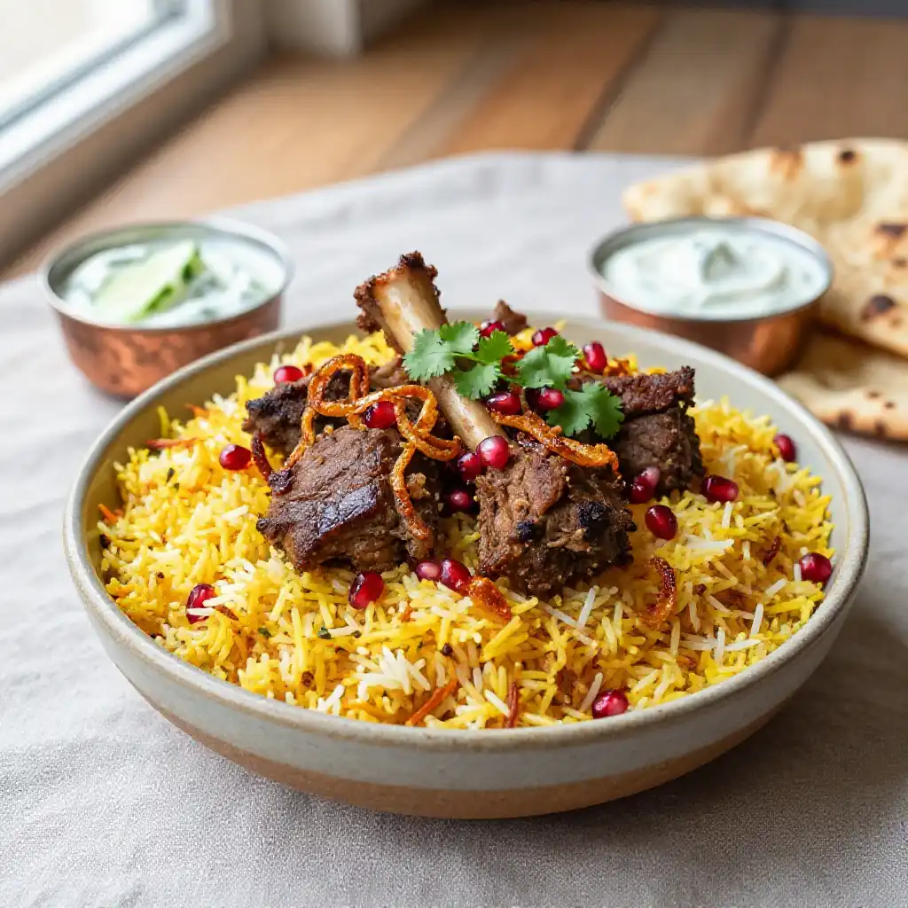 Authentic Lamb Biryani with Saffron Rice and Fried Onions plated dish