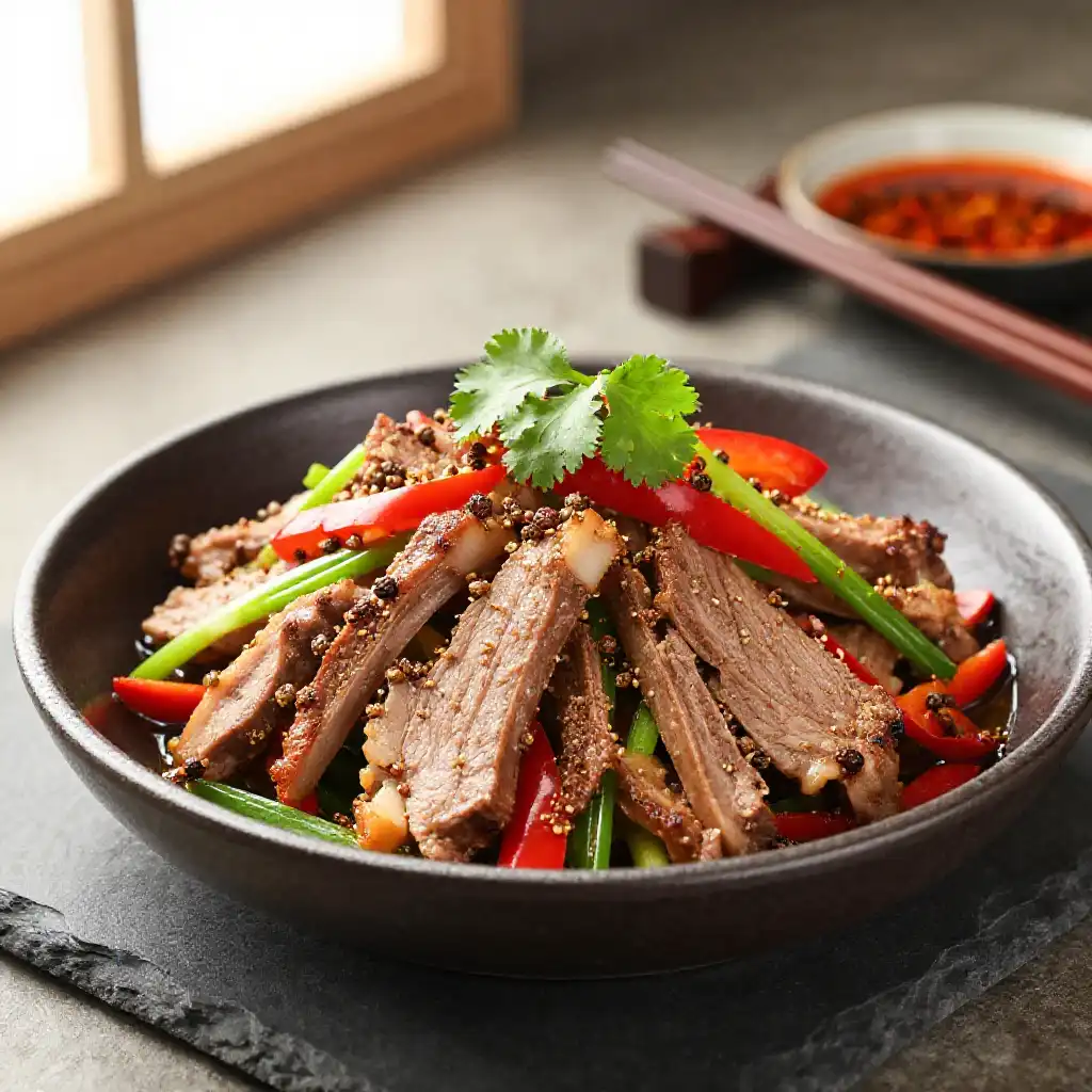 Lamb Stir-Fry with Cumin and Sichuan Peppercorns plated dish