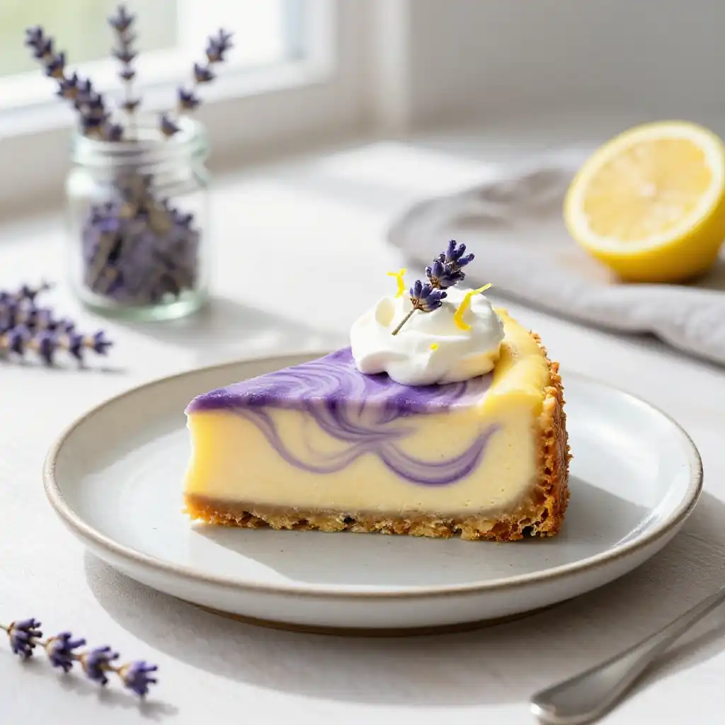 Lavender and Lemon Swirl Cheesecake plated dish