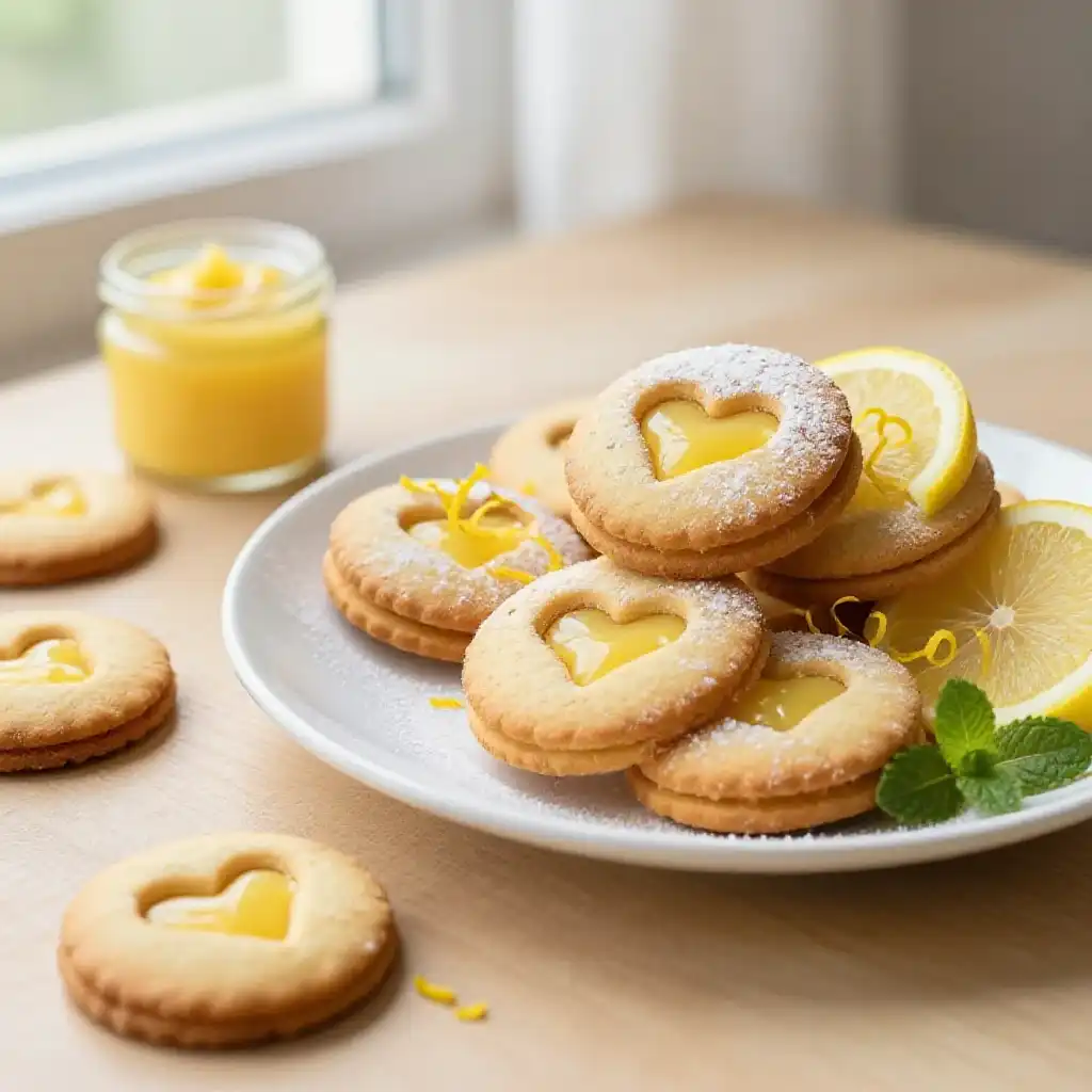 Lemon Curd Linzer Cookies plated dish
