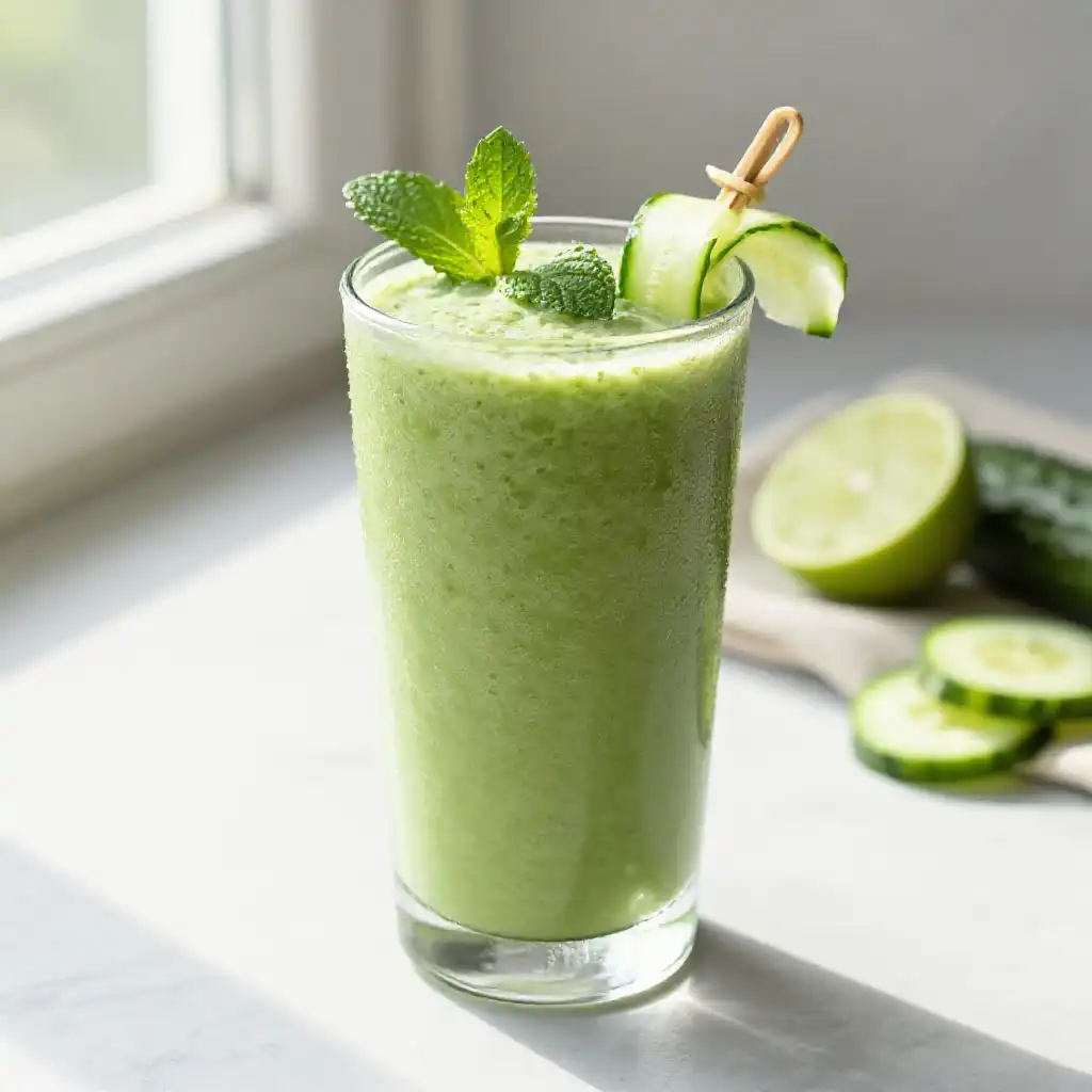 Low-Sugar Green Goddess Detox Smoothie with Cucumber and Mint plated dish
