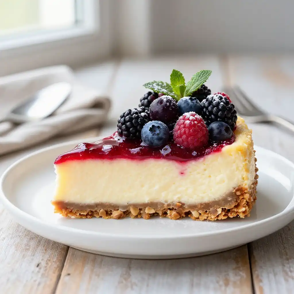 Macadamia Base and Berry Cheesecake plated dish