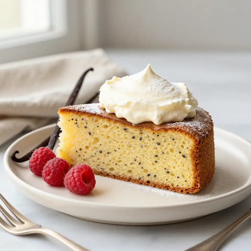 Madagascar Vanilla Bean Sponge With Whipped Mascarpone plated dish