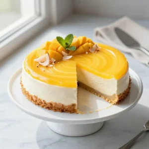 No-Bake Tropical Mango Coconut Cream Cheesecake
