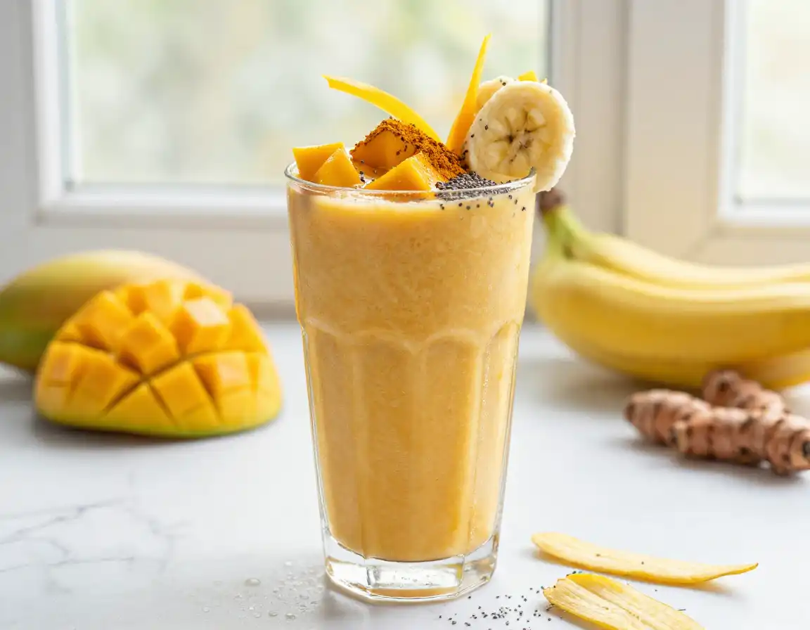 Mango Banana Turmeric Smoothie for Golden Glow plated dish