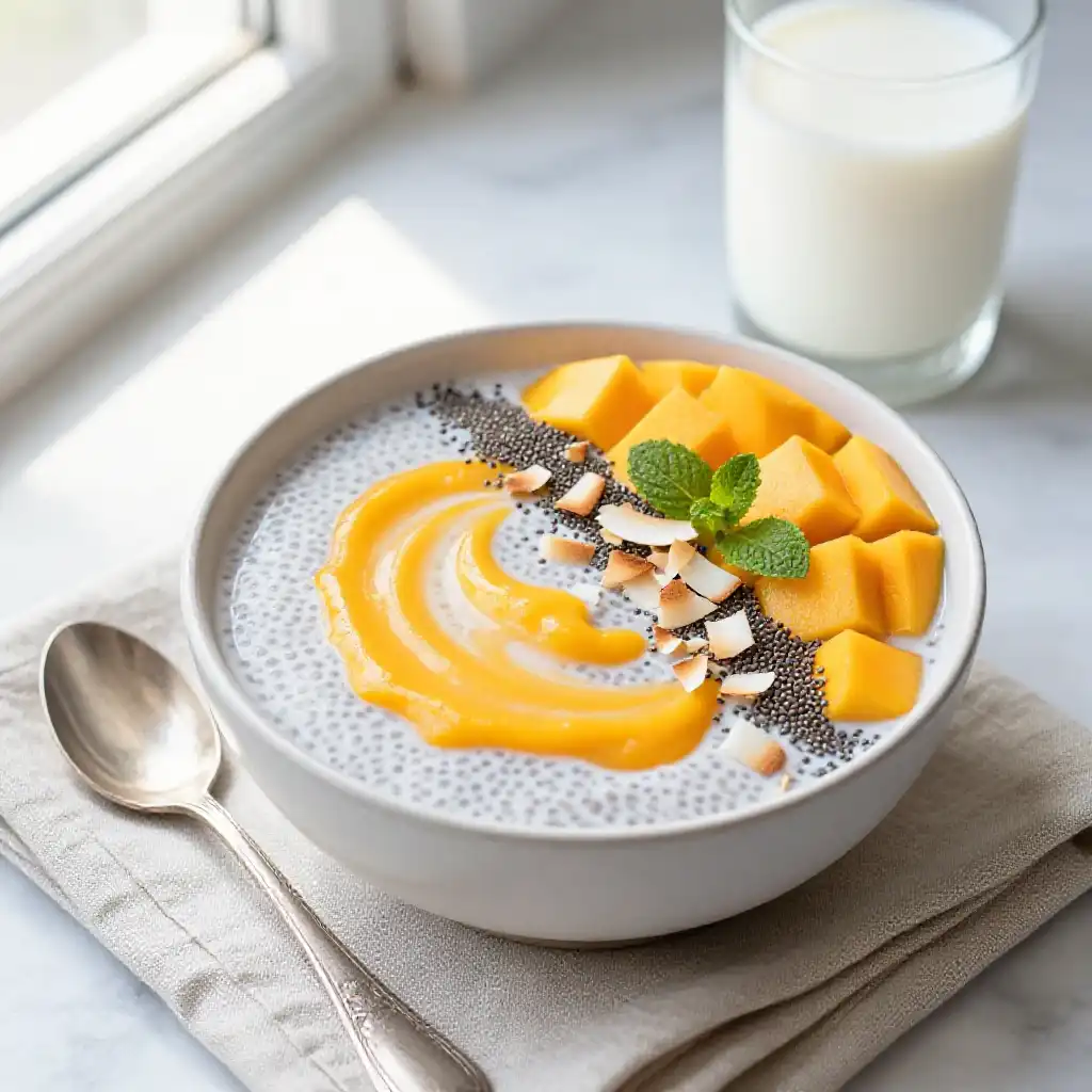 Mango Coconut Chia Pudding Smoothie Bowl plated dish