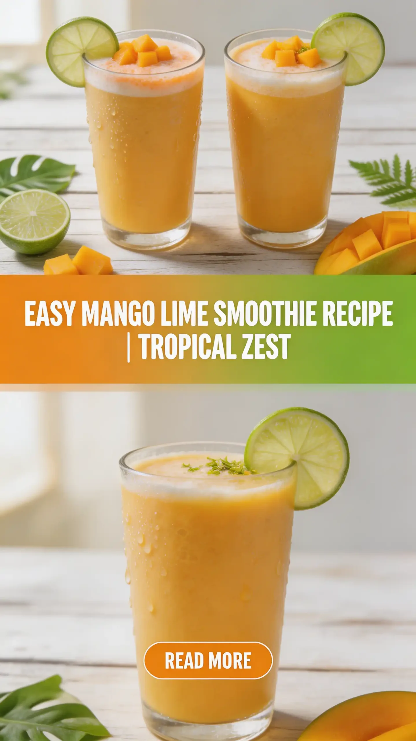 A vertical, Pinterest-friendly image of the Mango Lime Smoothie in a tall glass with a colorful background, ready to be saved for later.